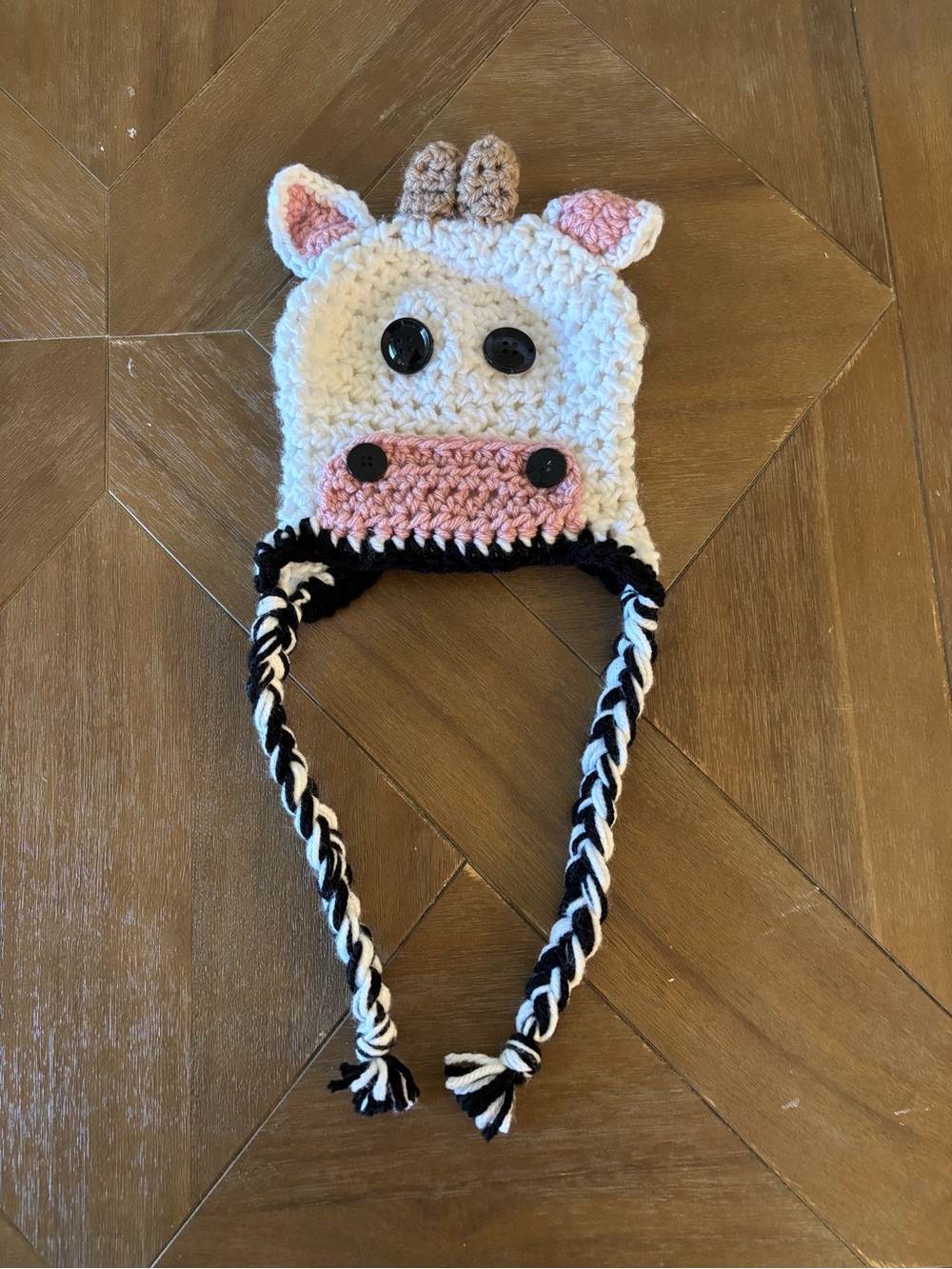 Handmade Kids Cow Crochet Hat - White & Pink